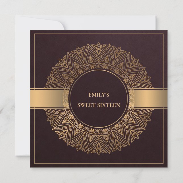 BURGUNDY GOLD ORNATE MANDALA SWEET 16 BIRTHDAY INVITATION (Back)