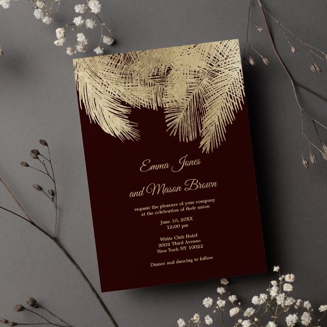 Burgundy gold palm tree tropical floral Wedding Invitation (Burgundy gold palm tree tropical floral Wedding )