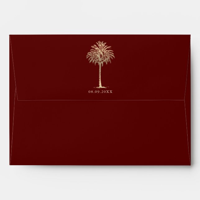 Burgundy Gold Palm Tree Tropical Wedding Envelope (Back (Top Flap))