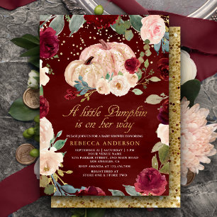 Burgundy Gold Peach Floral Pumpkin Baby Shower Invitation