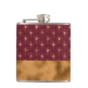 Burgundy Gold Peacock Feathers Chic Elegant Hip Flask