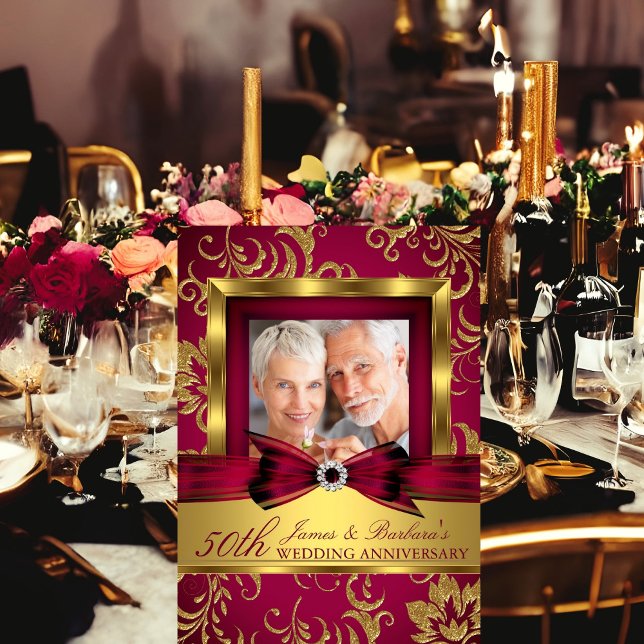 Burgundy Gold Photo 50th Wedding Anniversary Invitation (Creator Uploaded)
