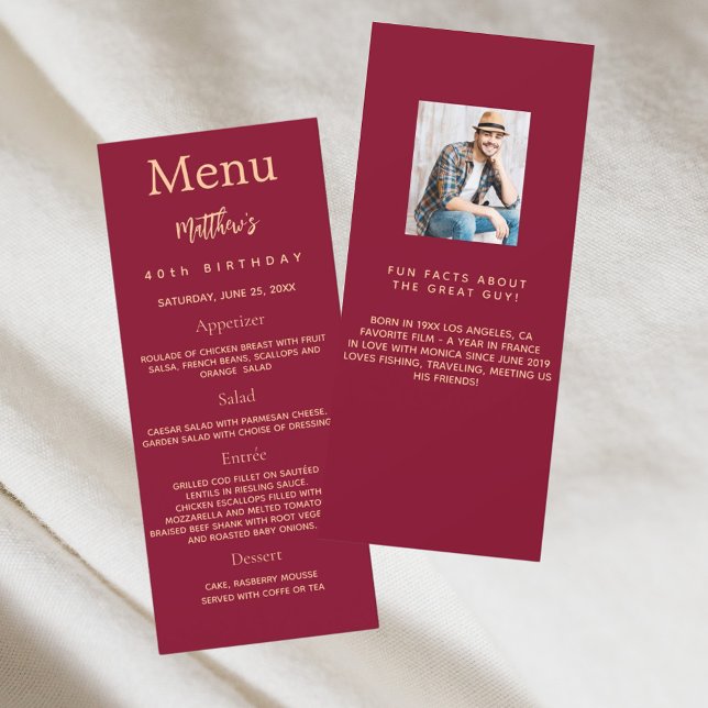 Burgundy gold photo fun facts birthday menu card (Creator Uploaded)