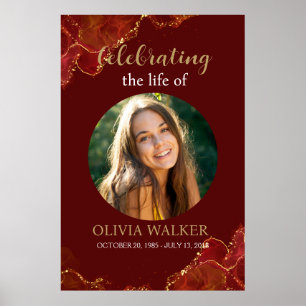 Burgundy & Gold Photo Funeral Memorial Sign