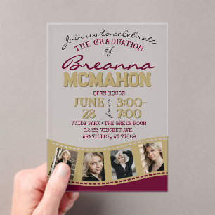 Burgundy & Gold Photo Graduation Filmstrip Frosted Acrylic Invitations
