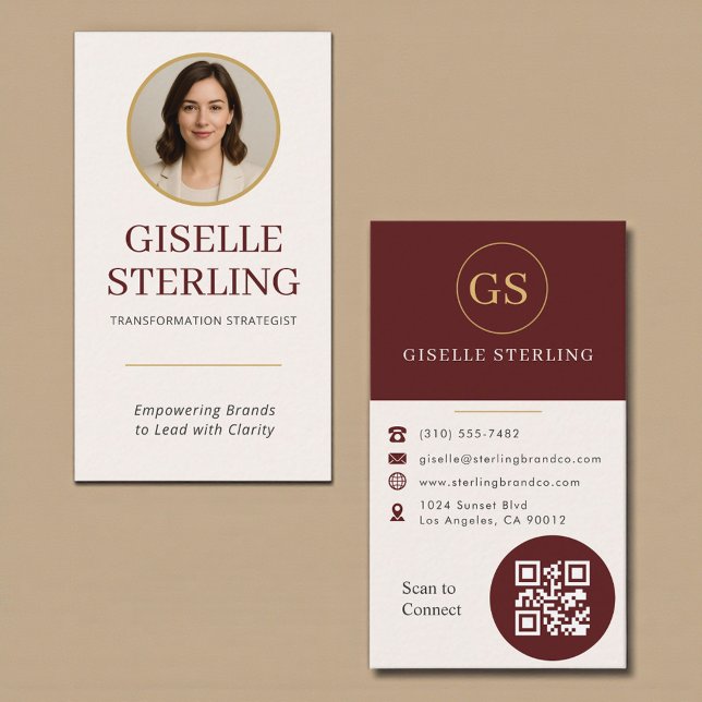 Burgundy Gold Photo QR Code Business Card (Creator Uploaded)