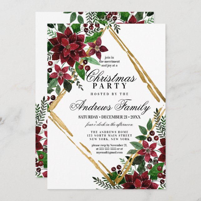 Burgundy Gold Poinsettia Floral Christmas Party Invitation (Front/Back)