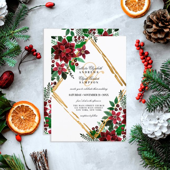 Burgundy Gold Poinsettia Floral Watercolor Wedding Invitation (Creator Uploaded)