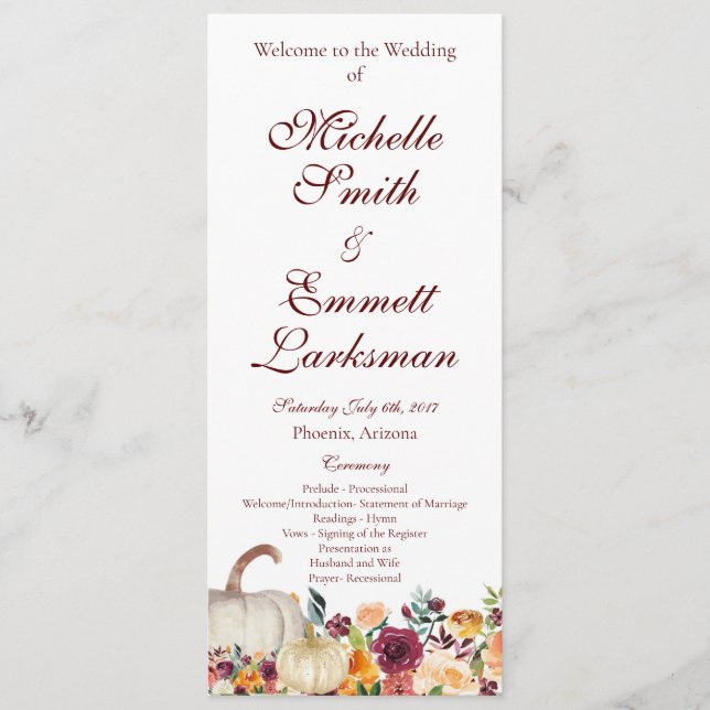 Burgundy Gold Pumpkin Fall Autumn Wedding Program (Front)