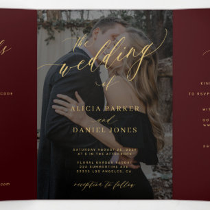 Burgundy gold QR code RSVP photo wedding Tri-Fold Invitation