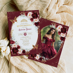Burgundy Gold Quinceañera Flowers Butterfly Photo Invitation