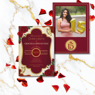 Burgundy & Gold Quinceañera Photo Invitation