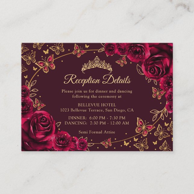 Burgundy Gold Quinceanera Reception Details Enclosure Card (Front)