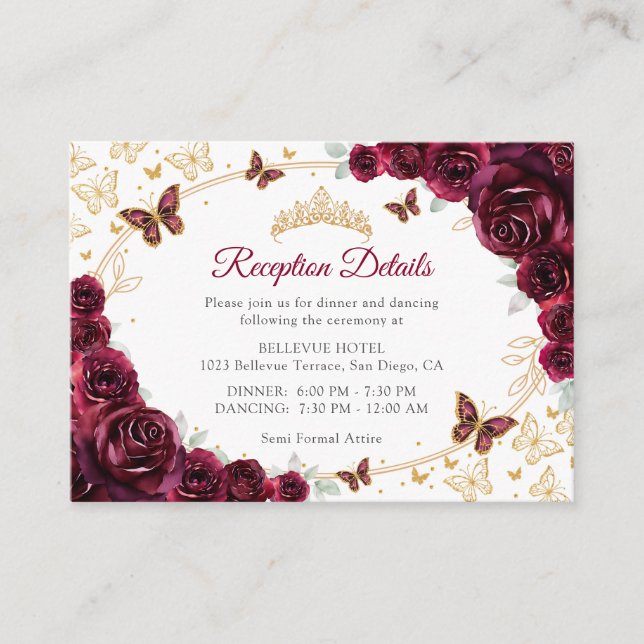 Burgundy Gold Quinceanera Reception Details Enclosure Card (Front)