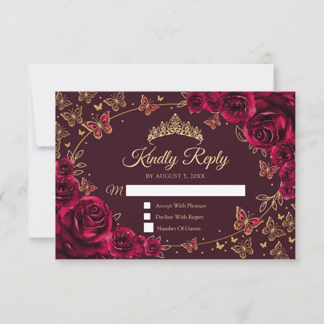 Burgundy Gold Quinceanera Reply RSVP Card (Front)