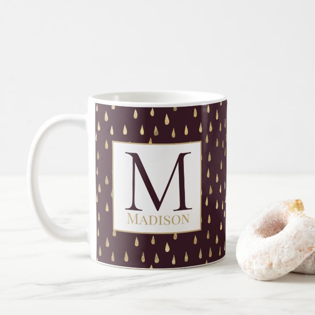 Burgundy Gold Raindrop Modern Trendy Monogram Coffee Mug (With Donut)