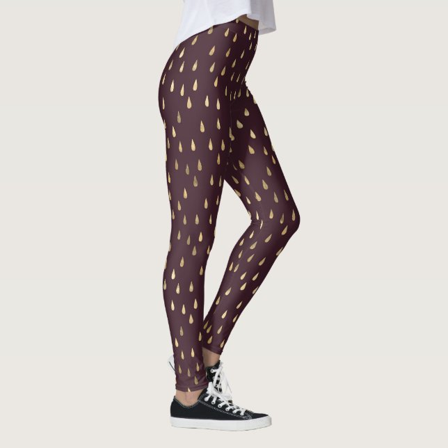 Burgundy Gold Raindrop Modern Trendy Yoga Leggings (Right)