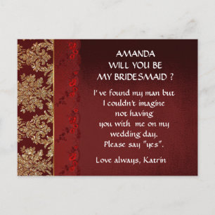 Burgundy Gold Red Lace Will You Be My Bridesmaid Invitation Postcard