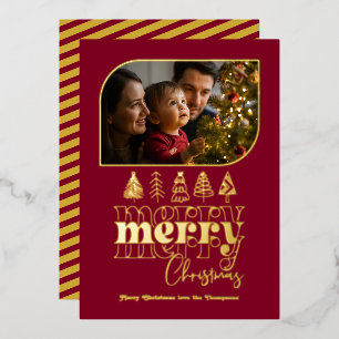 Burgundy & Gold Retro Doodle Christmas Photo Foil Holiday Card