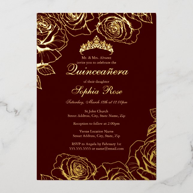 Burgundy Gold Rose Garden Quinceanera  (Front)