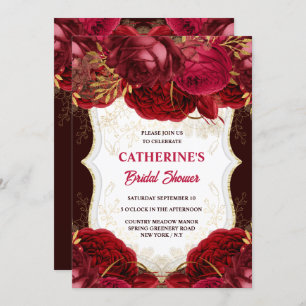 Burgundy gold rose watercolor bridal shower chic invitation