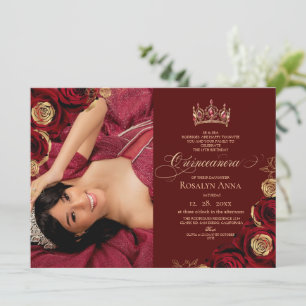 Burgundy Gold Roses Princess Quinceañera Invitation