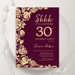 Burgundy Gold Roses Surprise 30th Birthday Invitation<br><div class="desc">Burgundy gold floral surprise 30th birthday party invitation. Elegant design featuring roses,  faux gold foil and typography script font. Trendy invite card perfect for a stylish female bday celebration. Can be customised to any age. Printed Zazzle invitations or instant download digital printable template.</div>