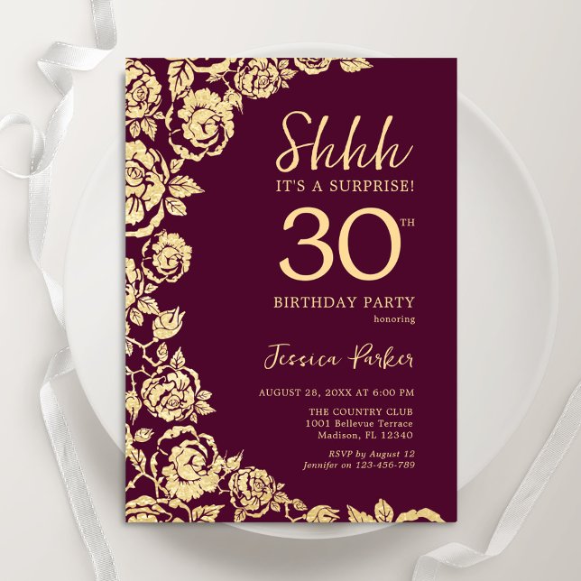 Burgundy Gold Roses Surprise 30th Birthday Invitation (Creator Uploaded)