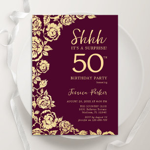 Burgundy Gold Roses Surprise 50th Birthday Invitation