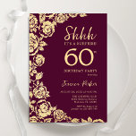 Burgundy Gold Roses Surprise 60th Birthday Invitation<br><div class="desc">Burgundy gold floral surprise 60th birthday party invitation. Elegant design featuring roses,  faux gold foil and typography script font. Trendy invite card perfect for a stylish female bday celebration. Can be customised to any age. Printed Zazzle invitations or instant download digital printable template.</div>