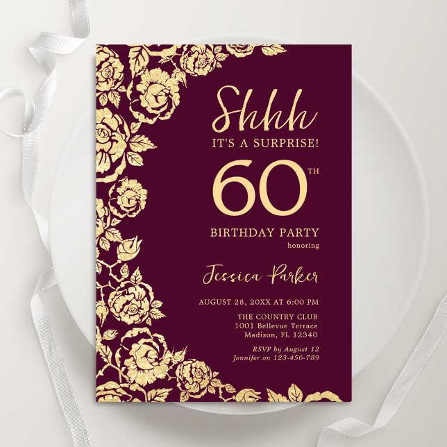 Burgundy Gold Roses Surprise 60th Birthday Invitation (Creator Uploaded)