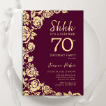 Burgundy Gold Roses Surprise 70th Birthday Invitation<br><div class="desc">Burgundy gold floral surprise 70th birthday party invitation. Elegant design featuring roses,  faux gold foil and typography script font. Trendy invite card perfect for a stylish female bday celebration. Can be customised to any age. Printed Zazzle invitations or instant download digital printable template.</div>