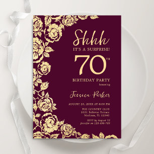Burgundy Gold Roses Surprise 70th Birthday Invitation