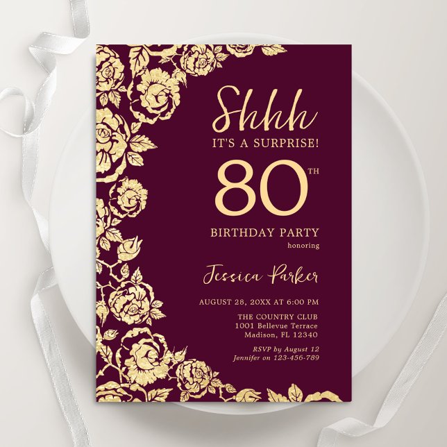 Burgundy Gold Roses Surprise 80th Birthday Invitation (Creator Uploaded)