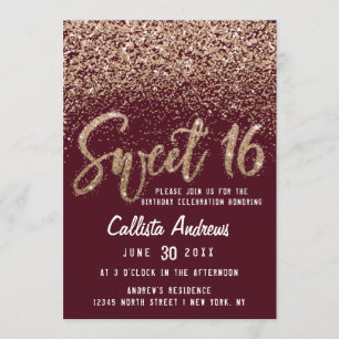 Burgundy Gold Scattered Glitter Ombre Sweet 16 Invitation