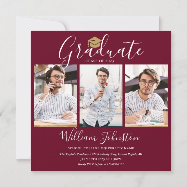 Burgundy Gold Script 4 Photo Graduation Party Invitation (Front)