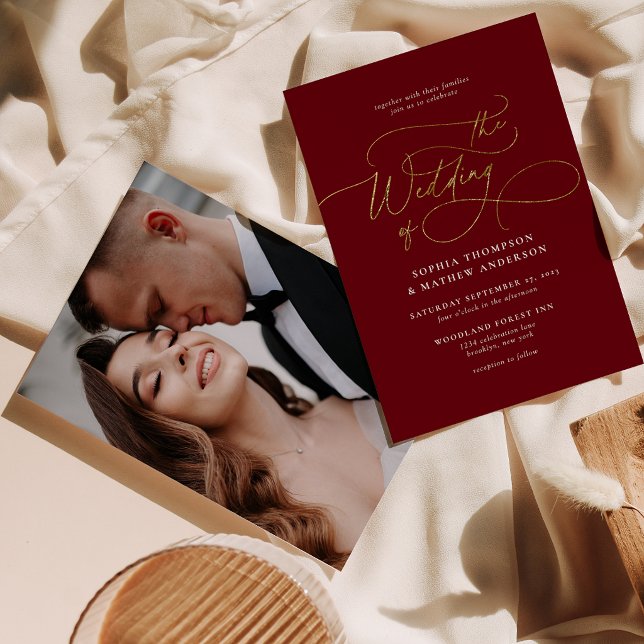 Burgundy Gold Script Calligraphy Photo Wedding Invitation (Creator Uploaded)