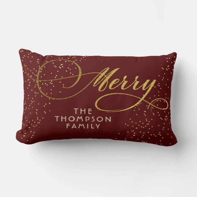 Burgundy Gold Script Merry Bright Family Christmas Lumbar Cushion (Front)