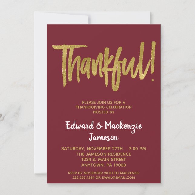 Burgundy Gold Script Thanksgiving Invitation (Front)
