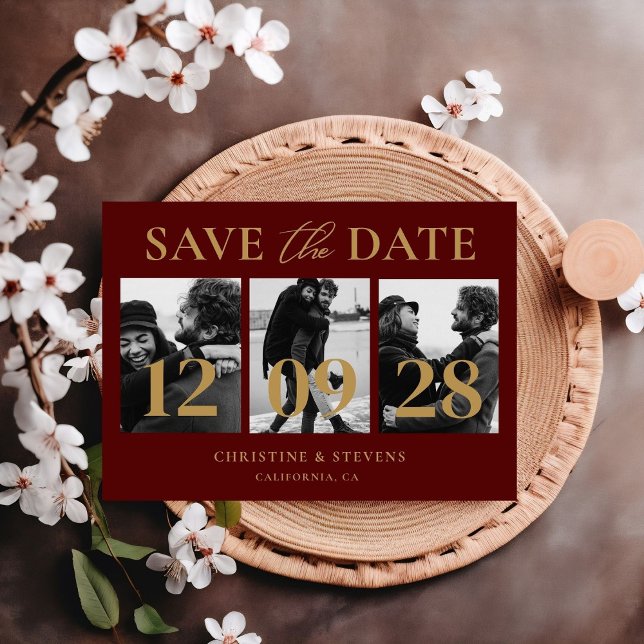 Burgundy & Gold Script Wedding Save The Date Photo Postcard (Creator Uploaded)