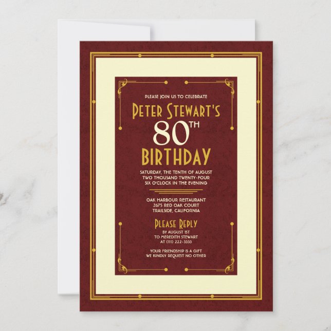 Burgundy Gold Simple Man's Classic 80th Birthday Invitation (Front)