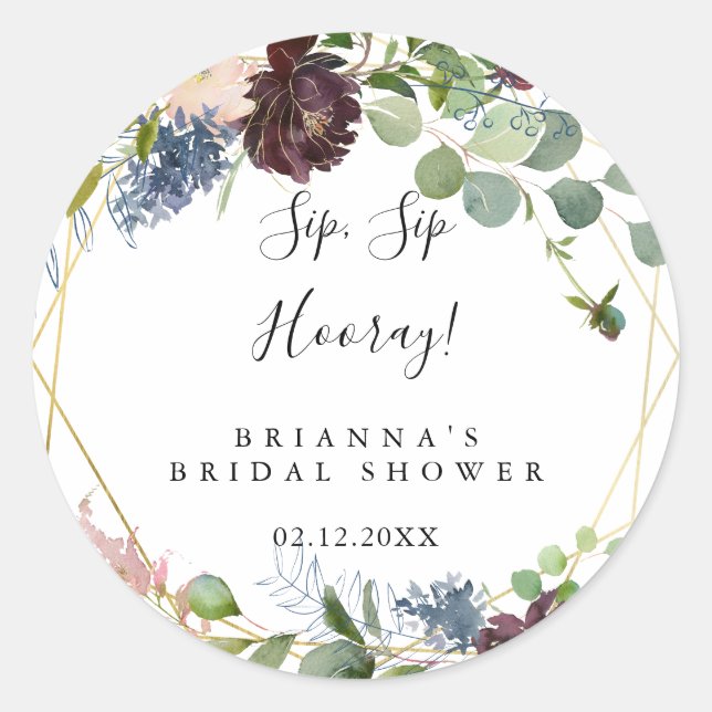 Burgundy Gold Sip Sip Hooray Bridal Shower Classic Round Sticker (Front)