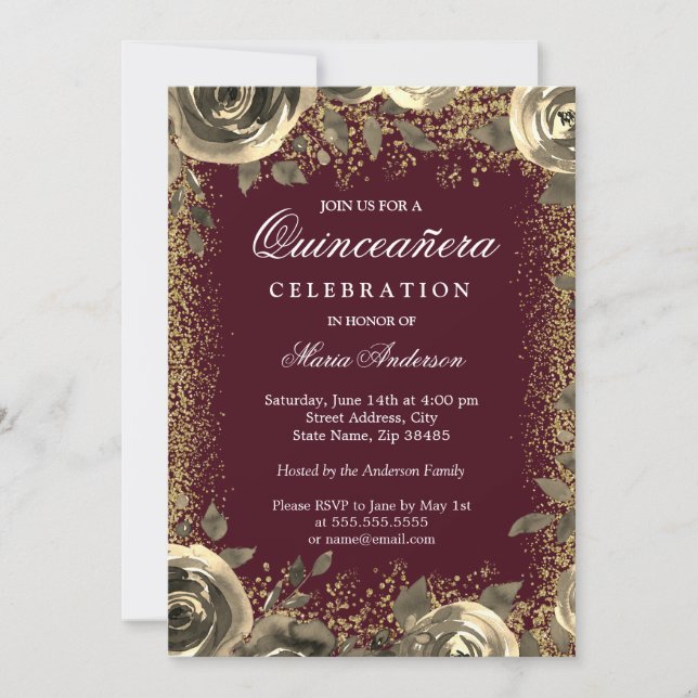 Burgundy & Gold Sparkle Glitter Quinceanera Invite (Front)
