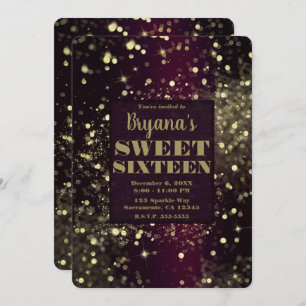 Burgundy Gold Sparkling Lights Glam Sweet 16 Party Invitation