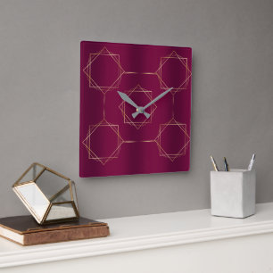 Burgundy & Gold Square Wall Clock