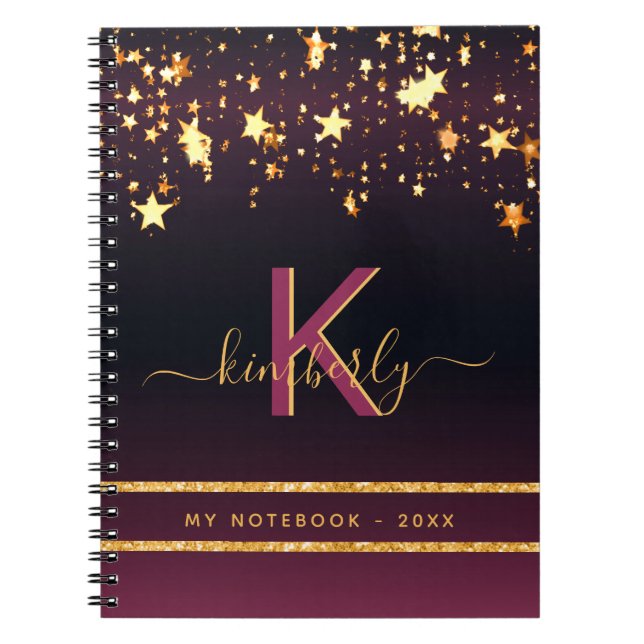 Burgundy gold stars black glitter monogram chic notebook (Front)
