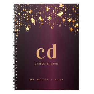 Burgundy gold stars monogram initials luxury notebook