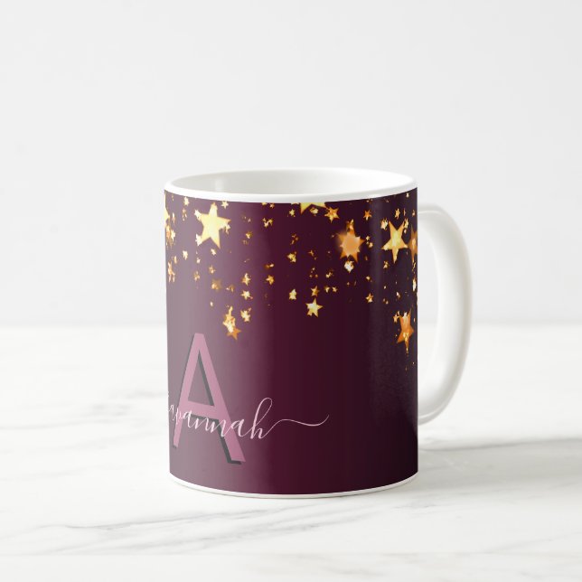 Burgundy gold stars monogram script coffee mug (Front Right)