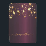 Burgundy gold stars name glamourous iPad mini cover<br><div class="desc">A dark burgundy faux metallic looking background with dripping faux gold stars. Personalise and add a name. The name is written with a golden, modern hand lettered style script with swashes. To keep the swashes only delete the sample name, leave the spaces or emoji's in front and after the name...</div>