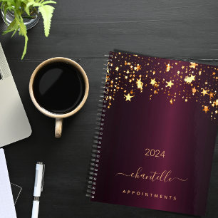 Burgundy gold stars name script glamourous 2025 planner